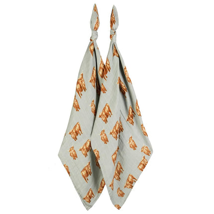 Highland Cow Bamboo Muslin Two-Piece Burp Cloth Set