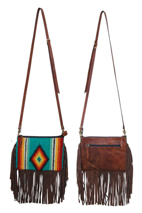 Rafter T Crossbody Serape Green w/ Brown Fringe