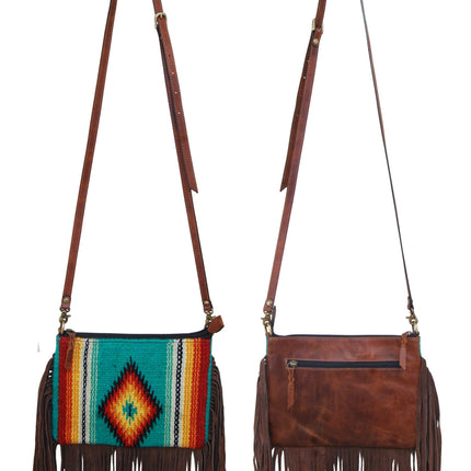 Rafter T Crossbody Serape Green w/ Brown Fringe