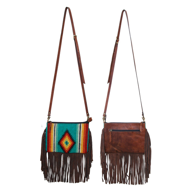 Rafter T Crossbody Serape Green w/ Brown Fringe