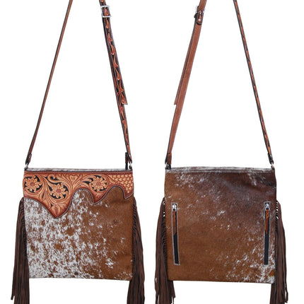 Rafter T Crossbody Brown & White Cowhide Scalloped Top