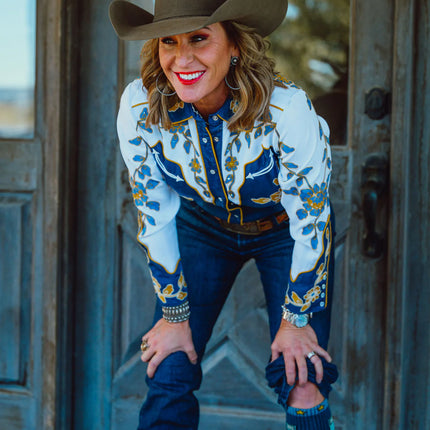 Lucky Chuck Fringe Lucky Horseshoe Blue Performance Boot Socks