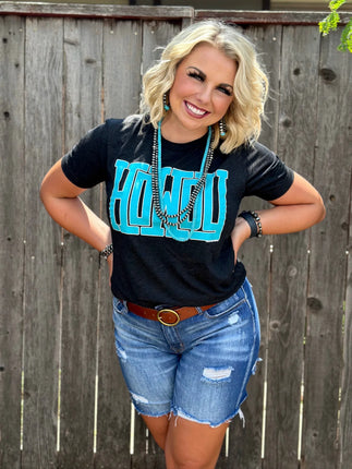Texas True Tee - Howdy Block in Turquoise & White Ink