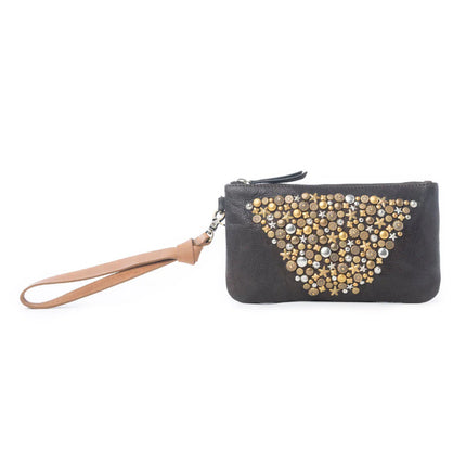 Myra Gold Halo Studded Wash Leather Pouch Antique Black