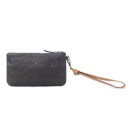 Myra Gold Halo Studded Wash Leather Pouch Antique Black