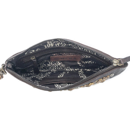 Myra Gold Halo Studded Wash Leather Pouch Antique Black