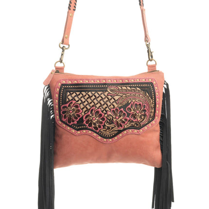 Myra Millstone Fringed Hand-Tooled Bag in Pink