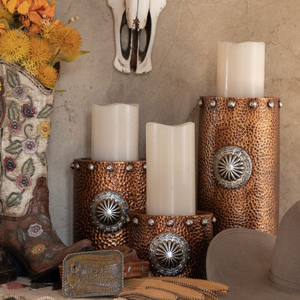 Faux Hammered Copper with Concho 3pc Candle Holders