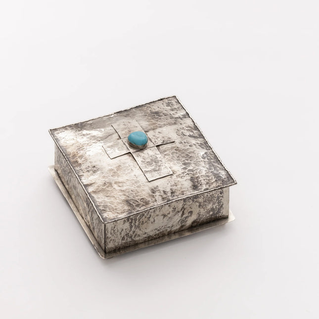 Square Silver Box w/ Turquoise Stone Cross 6x6
